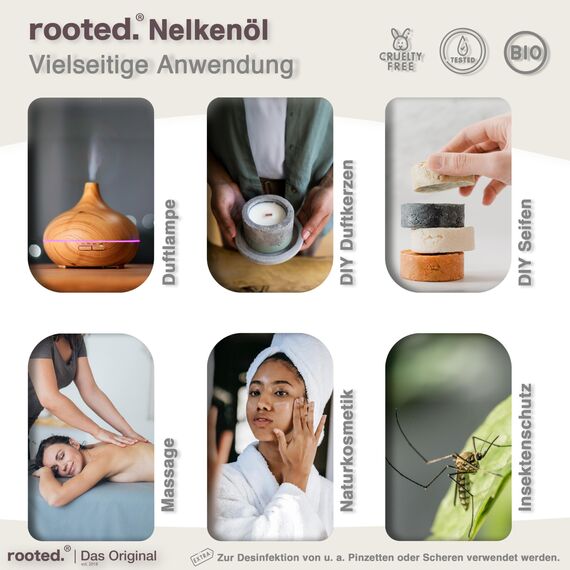 rooted.® Bio Nelkenöl 10ml [100% NATURREIN] - Echte Gewürznelke - Eugenia Caryophyllus - Ätherisches Öl für Aromatherapie, Duftlampe, Diffusoren, Raumduft, Duftkerzen und -Seifen