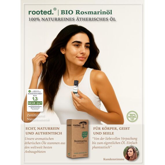 rooted.® BIO Rosmarinöl [100% NATURREIN – HAARKRAFTÖL & AROMATHERAPIE] – Vielseitiges Ätherisches Öl für Haarpflege, Naturkosmetik & Duftlampen – Natürliches Rosmarinöl für kräftiges Haar