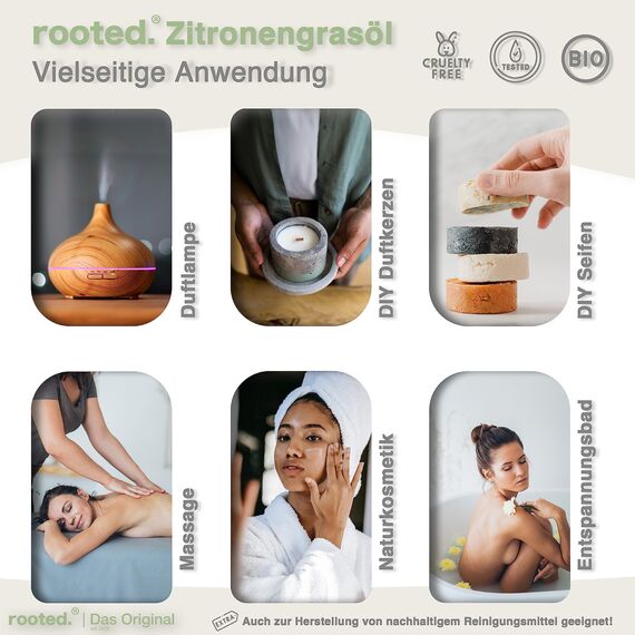 rooted.® BIO Zitronengrasöl 10ml [100% NATURREIN] - Echtes Lemongras - Ätherisches Öl für Aromatherapie, Duftlampe, Diffusoren, Raumduft, Duftkerzen und -Seifen