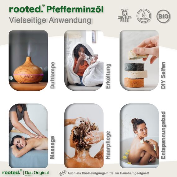 rooted.® BIO Pfefferminzöl 10ml [100% NATURREIN] - Echte Pfefferminze - Mentha piperita - Ätherisches Öl für Aromatherapie, Duftlampe, Diffusoren, Raumduft, Duftkerzen und -Seifen