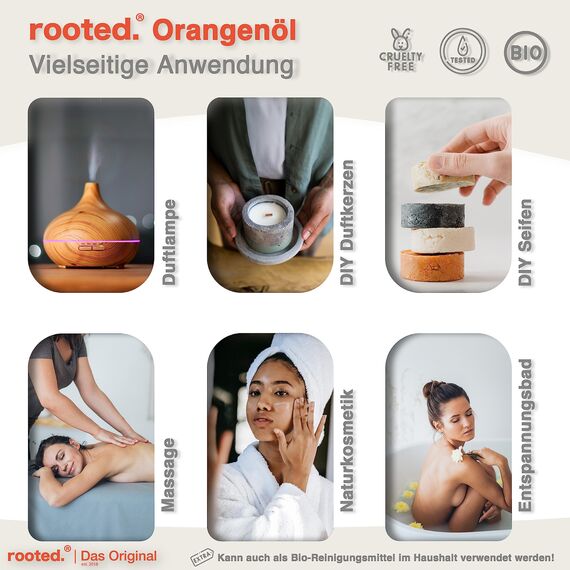 rooted.® BIO Orangenöl 10ml [100% NATURREIN] - Echte Orange - Citrus sinensis - Ätherisches Öl für Aromatherapie, Duftlampe, Diffusoren, Raumduft, Duftkerzen und -Seifen