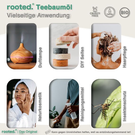 rooted.® BIO Teebaumöl [100% NATURREIN] – Ätherisches Öl für Hautpflege, Naturkosmetik & Duftlampen – Tea Tree Oil zur Aromatherapie, gegen Pickel & unreine Haut