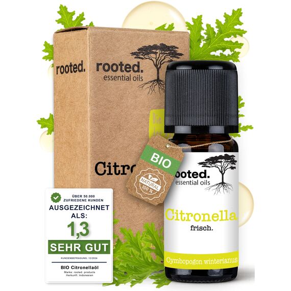 rooted.® BIO Citronellaöl 10ml [100% NATURREIN] - Cymbopogon winterianus - Ätherisches Öl für Aromatherapie, Duftlampe, Diffusoren, Raumduft, Duftkerzen und -Seifen (10ml)