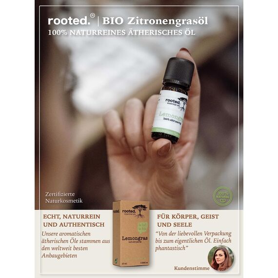 rooted.® BIO Zitronengrasöl 10ml [100% NATURREIN] - Echtes Lemongras - Ätherisches Öl für Aromatherapie, Duftlampe, Diffusoren, Raumduft, Duftkerzen und -Seifen