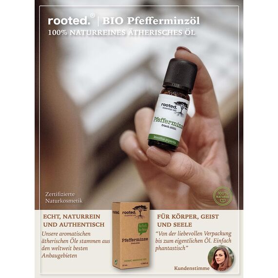 rooted.® BIO Pfefferminzöl 10ml [100% NATURREIN] - Echte Pfefferminze - Mentha piperita - Ätherisches Öl für Aromatherapie, Duftlampe, Diffusoren, Raumduft, Duftkerzen und -Seifen
