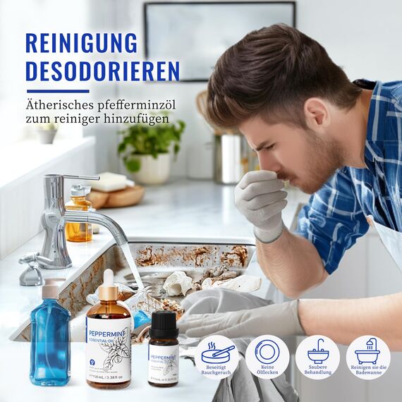 HIQILI 100ml Pfefferminzöl Ätherisches Öl, 100% Reines Naturrein Minzöl,Peppermint Oil für Diffuser, Massage, Haar, Hautpflege - Gratis Eine Reiseflasche
