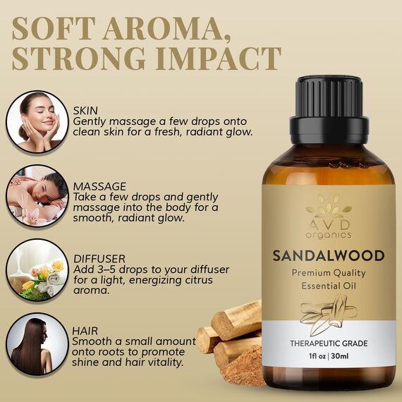 AVD ORGANICS Ätherisches Sandelholzöl 30 ml | 100% rein & natürlich | Sandelholzöl therapeutische Qualität für Haut, Diffusor, Aromatherapie & Klarheit | 1 fl. oz.