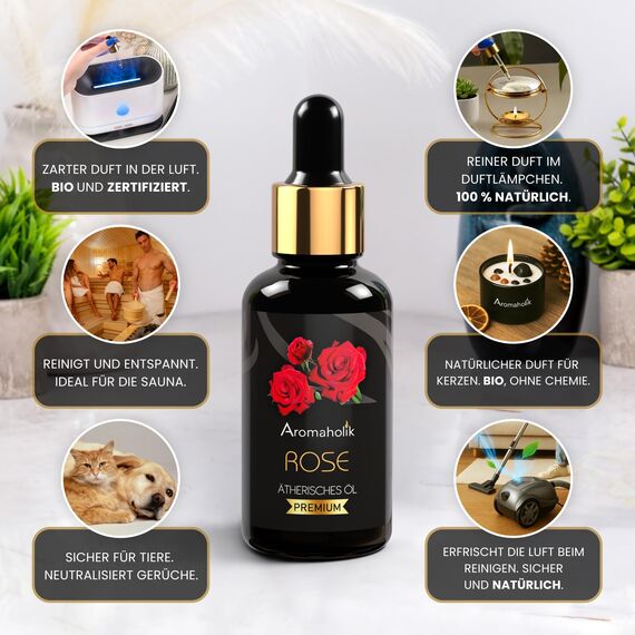 Premium reines natürliches Rosenöl – 100 % pures ätherisches Öl, BIO, organisch – zur Herstellung ätherischer Öle, Kerzen, Seifen, DIY – Rose Essence 1L, Aromaholik
