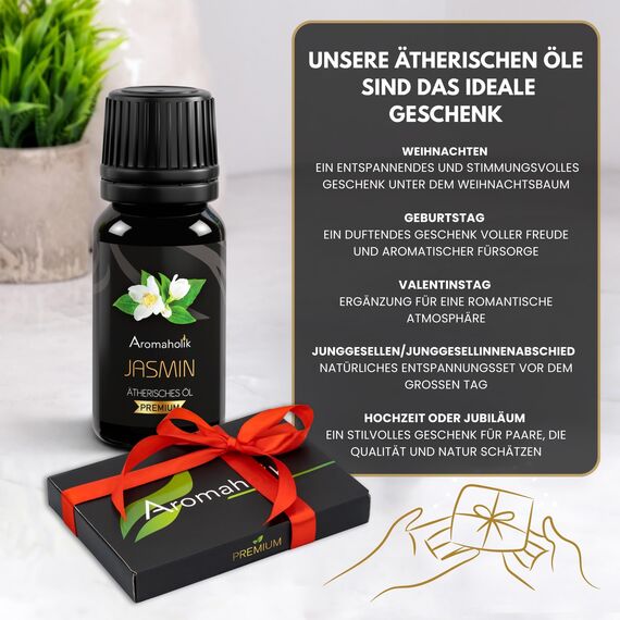 Aromaholik Jasminöl BIO 100% naturrein – Ätherische Öle für Diffuser & Aroma Diffuser – Zertifiziertes ätherisches Öl aus Indien – Jasmine Essential Oils 10ml für Sauna & Massage