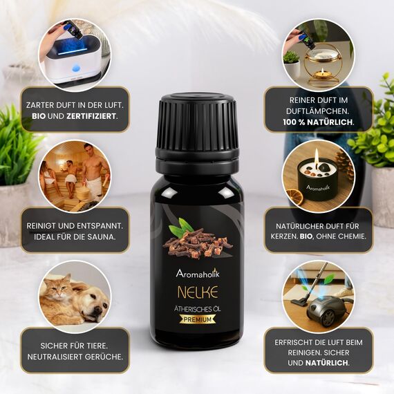 Aromaholik Nelkenöl BIO 100% naturrein – Ätherische Öle für Diffuser & Aroma Diffuser – Zertifiziertes ätherisches Öl aus Indien – Clove Essential Oils 10ml für Sauna & Massage