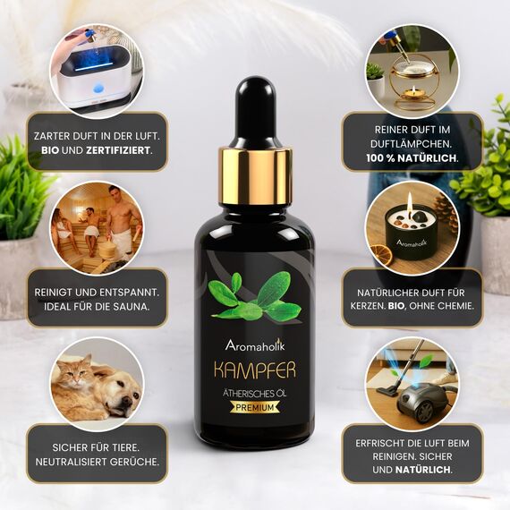 Premium reines natürliches Kampferöl – 100 % pures ätherisches Öl, BIO, organisch – zur Herstellung ätherischer Öle, Kerzen, Seifen, DIY – Camphor Essence 1L, Aromaholik