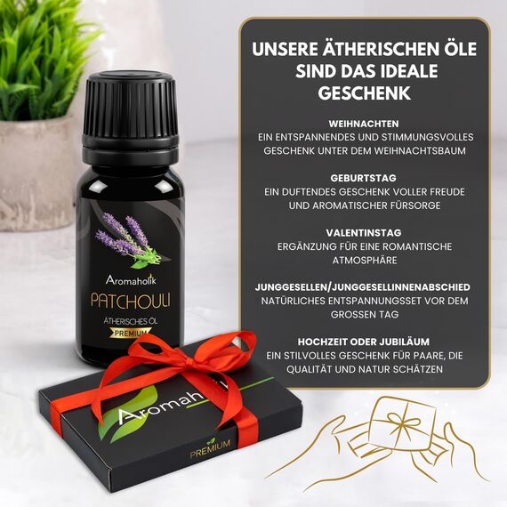 Aromaholik Patchouliöl BIO 100% naturrein – Ätherische Öle für Diffuser & Aroma Diffuser – Zertifiziertes ätherisches Öl aus Indien – Patchouli Essential Oils 10ml für Sauna & Massage