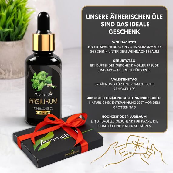 Aromaholik Basilikumöl BIO 100% naturrein – Ätherische Öle für Diffuser & Aroma Diffuser – Zertifiziertes ätherisches Öl aus Indien – Basil Essential Oils 30ml für Sauna & Massage