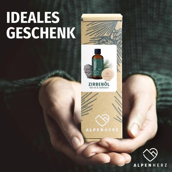 Alpenherz Zirbenöl 100 ml mit Duftstein aus Zirbenholz - 100% naturrein ätherisches Zirbelkieferöl aus Österreich Duftöl Raumduft Duftlampe Zirbenwürfel Diffuser Zirbe Zirbelkiefer Öl