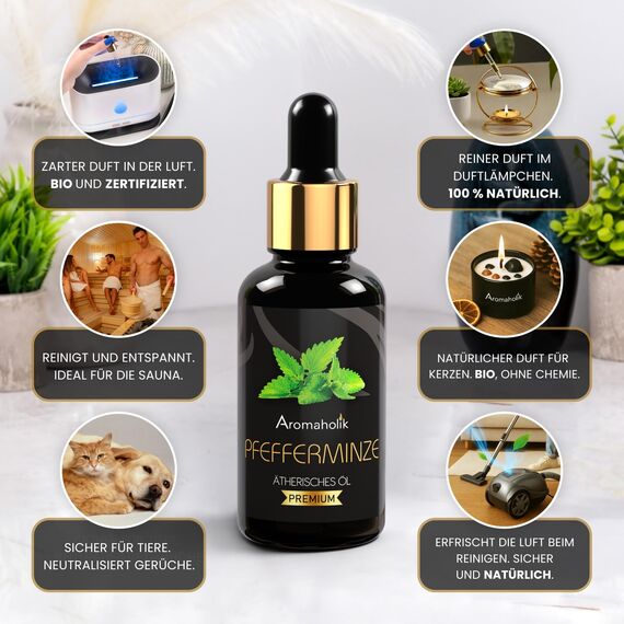 Premium reines natürliches Pfefferminzöl – 100 % pures ätherisches Öl, BIO, organisch – zur Herstellung ätherischer Öle, Kerzen, Seifen, DIY – Peppermint Essence 1L, Aromaholik