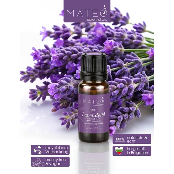 MateoEssentialOils – 100% Reines und natürliches Lavendelöl (Lavandula angustifolia) – Bio, Sanfter Duft – Ideal für Aromatherapie, Hautpflege & Entspannung – 10 ml.