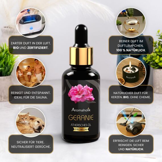 Aromaholik Geraniumöl BIO 100% naturrein – Ätherische Öle für Diffuser & Aroma Diffuser – Zertifiziertes ätherisches Öl aus Indien – Geranium Essential Oils 30ml für Sauna & Massage