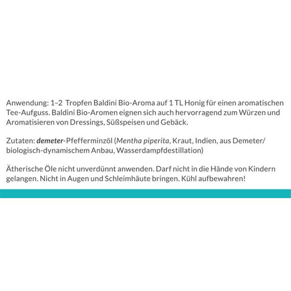 Baldini Bio-Aroma Pfefferminze – 100 % naturreines ätherisches Öl (Mentha piperita) – Demeter- und lebensmittelzertifiziert – Vielseitig einsetzbar für Küche, Duftlampe & Hautpflege – 5 ml