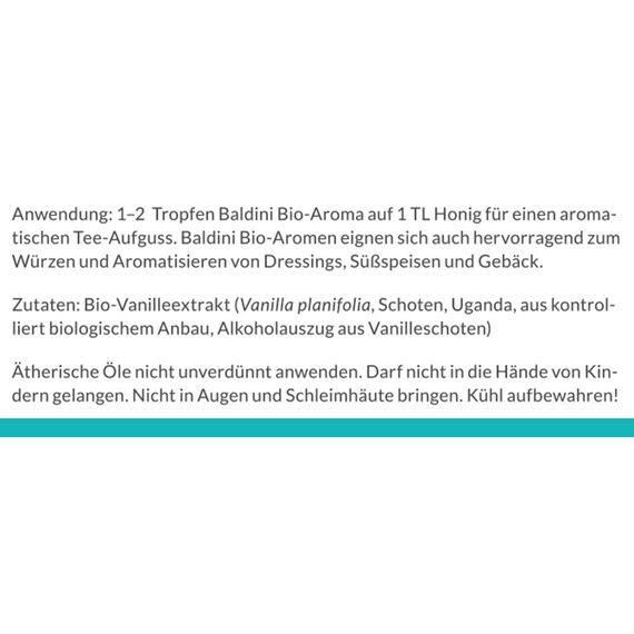 Baldini Bio Vanilleextrakt 5ml - 100% Naturreines Ätherisches Öl - Lebensmittelqualität - Vegan - für Speisen, Getränke, Aroma Diffuser - aus Madagascar