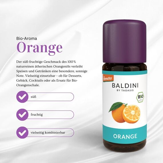 Baldini Bio Orangenöl 10ml - 100% Naturreines Ätherisches Öl - Lebensmittelqualität - Vegan - für Speisen, Getränke & Aroma Diffuser - aus Italien