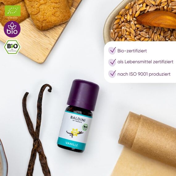 Baldini Bio Vanilleextrakt 5ml - 100% Naturreines Ätherisches Öl - Lebensmittelqualität - Vegan - für Speisen, Getränke, Aroma Diffuser - aus Madagascar