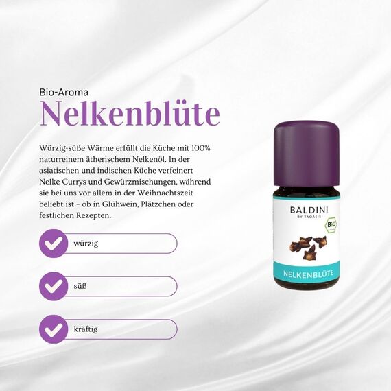 Baldini Bio Nelkenblütenöl 5ml - 100% Naturreines Ätherisches Öl - Lebensmittelqualität - Vegan - für Speisen, Getränke, Aroma Diffuser - aus Madagascar