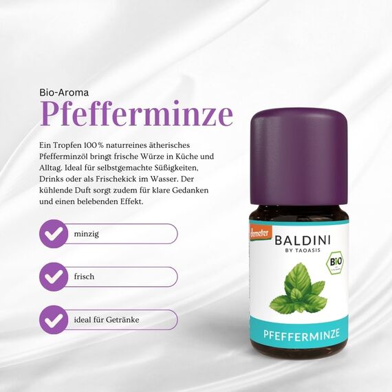 Baldini Bio-Aroma Pfefferminze – 100 % naturreines ätherisches Öl (Mentha piperita) – Demeter- und lebensmittelzertifiziert – Vielseitig einsetzbar für Küche, Duftlampe & Hautpflege – 5 ml