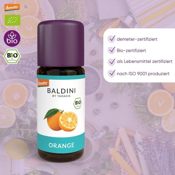Baldini Bio Orangenöl 10ml - 100% Naturreines Ätherisches Öl - Lebensmittelqualität - Vegan - für Speisen, Getränke & Aroma Diffuser - aus Italien