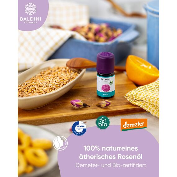 Baldini Bio Rosenöl 5ml - 100% Naturreines Ätherisches Öl - Lebensmittelqualität - Vegan - für Speisen, Getränke & Aroma Diffuser - aus Bulgarien
