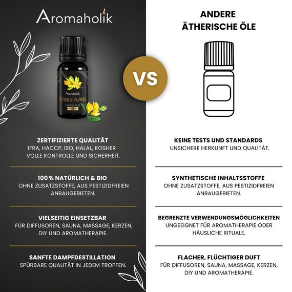 Aromaholik Ylang-Ylang-Öl BIO 100% naturrein – Ätherische Öle für Diffuser & Aroma Diffuser – Zertifiziertes ätherisches Öl aus Indien – Ylang Ylang Essential Oils 10ml für Sauna & Massage