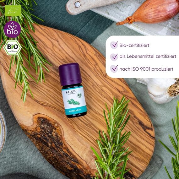 Baldini Bio Rosmarinöl 5ml - 100% Naturreines Ätherisches Öl - Lebensmittelqualität - Vegan - für Speisen, Getränke & Aroma Diffuser - aus Marokko