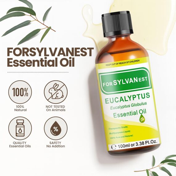 FORSYLVANEST Eukalyptus Ätherisches Öl 100ML, Natürliche ätherische Öle, Unverdünnt für Aromatherapie, Massage, SPA, Haut-, Haar- und Nagelpflege, Bäder, DIY (Eukalyptus)