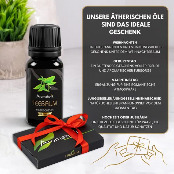 Aromaholik Teebaumöl BIO 100% naturrein – Ätherische Öle für Diffuser & Aroma Diffuser – Zertifiziertes ätherisches Öl aus Indien – Tea Tree Essential Oils 10ml für Sauna & Massage