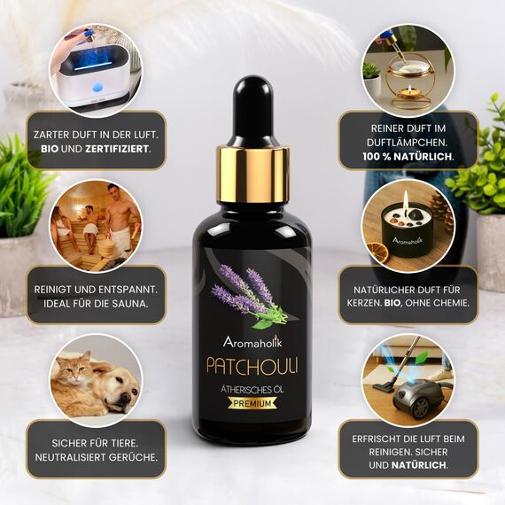 Premium reines natürliches Patchouliöl – 100 % pures ätherisches Öl, BIO, organisch – zur Herstellung ätherischer Öle, Kerzen, Seifen, DIY – Patchouli Essence 1L, Aromaholik