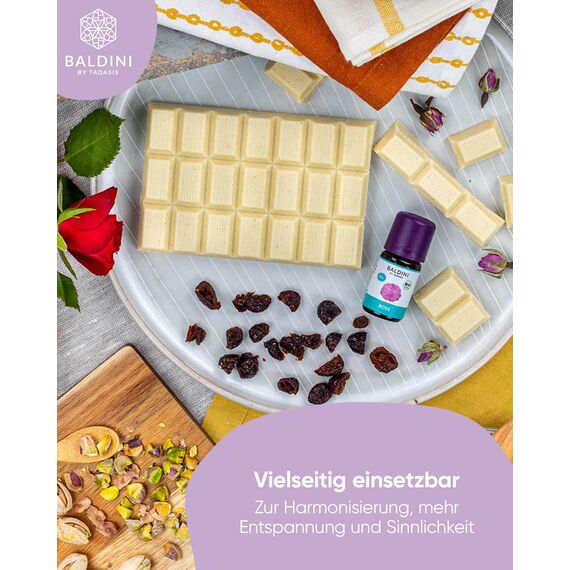 Baldini Bio Rosenöl 5ml - 100% Naturreines Ätherisches Öl - Lebensmittelqualität - Vegan - für Speisen, Getränke & Aroma Diffuser - aus Bulgarien