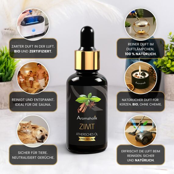 Aromaholik Zimtöl BIO 100% naturrein – Ätherische Öle für Diffuser & Aroma Diffuser – Zertifiziertes ätherisches Öl aus Indien – Cinnamon Essential Oils 30ml für Sauna & Massage