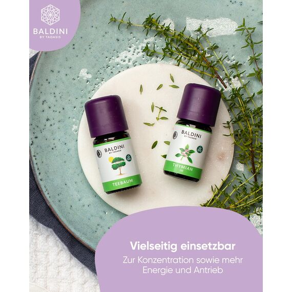 Baldini Bio Thymianöl rot 5ml - 100% Naturreines Ätherisches Öl - Lebensmittelqualität - Vegan - für Speisen, Getränke, Aroma Diffuser - aus Deutschland