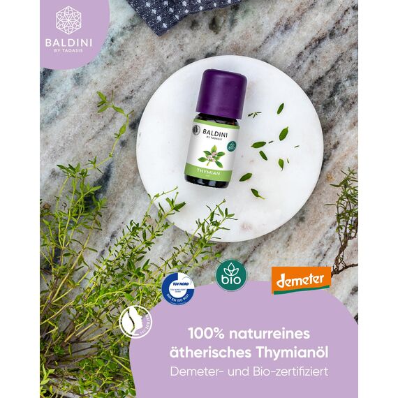 Baldini Bio Thymianöl rot 5ml - 100% Naturreines Ätherisches Öl - Lebensmittelqualität - Vegan - für Speisen, Getränke, Aroma Diffuser - aus Deutschland