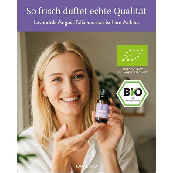 Fjorland - Bio Lavendelöl 100% Naturreiner Lavandula Angustifolia - Ätherisches Öl Beruhigender Lavendel-Duft für Aromatherapie - Ideal für Diffuser & Hautpflege