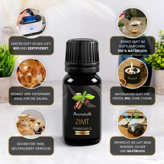 Aromaholik Zimtöl BIO 100% naturrein – Ätherische Öle für Diffuser & Aroma Diffuser – Zertifiziertes ätherisches Öl aus Indien – Cinnamon Essential Oils 10ml für Sauna & Massage