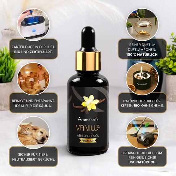 Aromaholik Vanilleöl BIO 100% naturrein – Ätherische Öle für Diffuser & Aroma Diffuser – Zertifiziertes ätherisches Öl aus Indien – Vanilla Essential Oils 30ml für Sauna & Massage