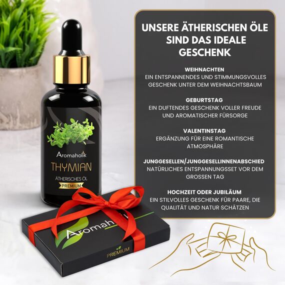 Aromaholik Thymianöl BIO 100% naturrein – Ätherische Öle für Diffuser & Aroma Diffuser – Zertifiziertes ätherisches Öl aus Indien – Thyme Essential Oils 30ml für Sauna & Massage