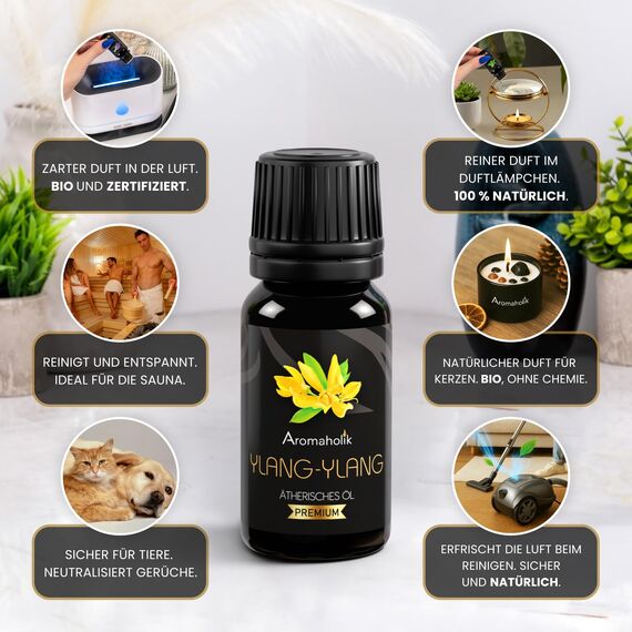 Aromaholik Ylang-Ylang-Öl BIO 100% naturrein – Ätherische Öle für Diffuser & Aroma Diffuser – Zertifiziertes ätherisches Öl aus Indien – Ylang Ylang Essential Oils 10ml für Sauna & Massage