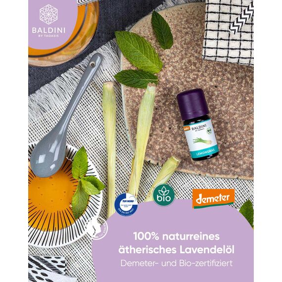 Baldini Bio Lemongrasöl 5ml - 100% Naturreines Ätherisches Öl - Lebensmittelqualität - Vegan - für Speisen, Getränke & Aroma Diffuser - aus Indien