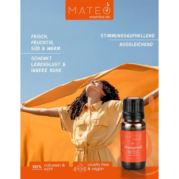 MateoEssentialsOils - 100% Reines und Natürlich Orangenöl – Belebend & Erfrischend – Gewonnen aus echten Orangen - Ideal für Aromatherapie, Massagen & Naturkosmetik – Orange oil - 10 ml.