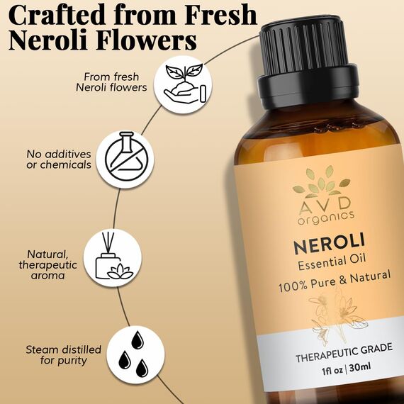 AVD ORGANICS Neroli Ätherisches Öl 30 ml | 100% rein & natürlich | Neroli Essential Oil für Haut, Aromatherapie, Massage & Diffusor – Premium ätherisches Neroliöl