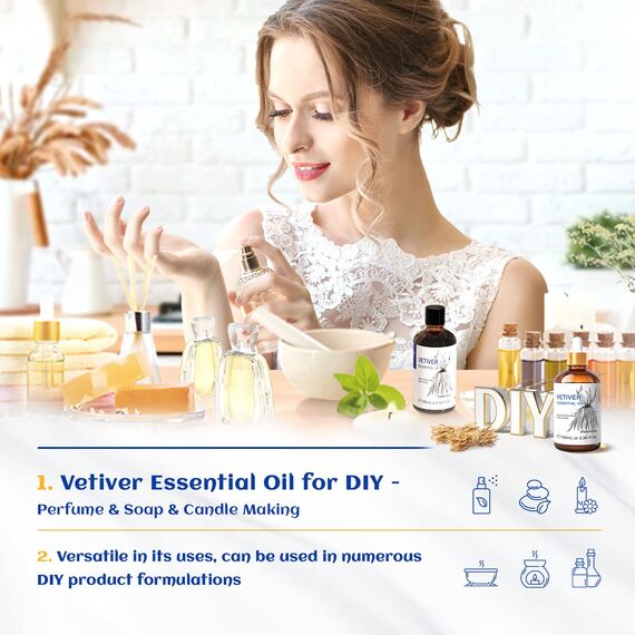 HIQILI 100ml Vetiver Ätherisches Öl, 100% Naturrein Vetiver Öl für Diffuser, Haare, Gesicht, Inklusive Reiseflasche