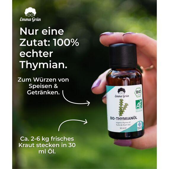 Emma Grün® Bio Thymianöl [100% Naturrein] - Ätherisches Öl 3x 30ml - Würzig-Frisches Thymian Öl zum Einnehmen - Ätherische Öle aus Bio Thymian in LEBENSMITTELQUALITÄT - Essential Oils Aus Griechenland