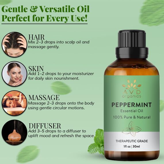 AVD ORGANICS Ätherisches Pfefferminzöl 30 ml | 100% reines und unverdünntes Mentha Piperita Öl | für Diffusor, Aromatherapie & Raumduft – 1 fl oz
