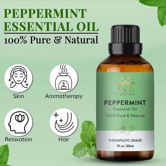 AVD ORGANICS Ätherisches Pfefferminzöl 30 ml | 100% reines und unverdünntes Mentha Piperita Öl | für Diffusor, Aromatherapie & Raumduft – 1 fl oz